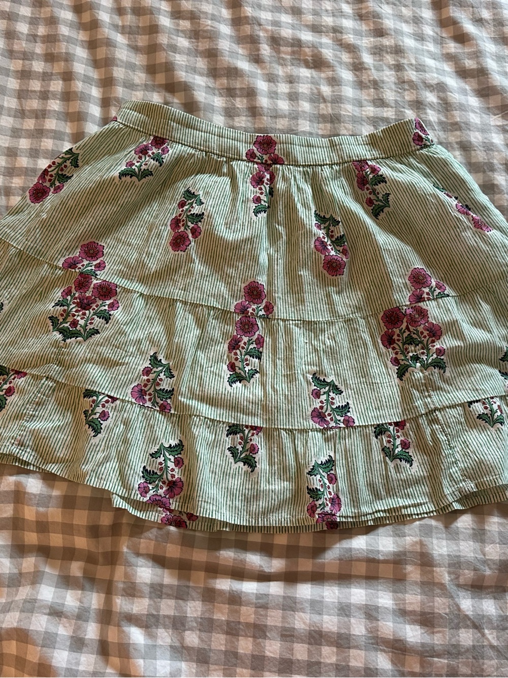 J. Crew Mint Green Striped Skater Skirt with Pink Floral Print